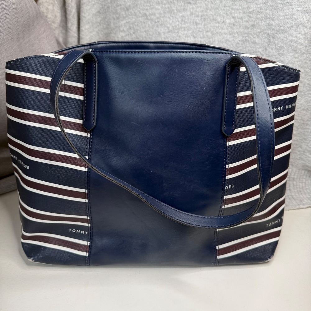Tommy Hilfiger Navy Blue Red White Striped 13" Tote Bag Card Holder Pockets - Picture 2 of 16